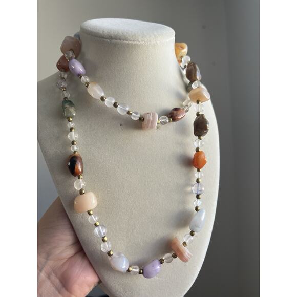 Polished Multi Stone Beggar Bead Necklace Multicolor Multi Color Agate 32” Brass - Picture 1 of 6